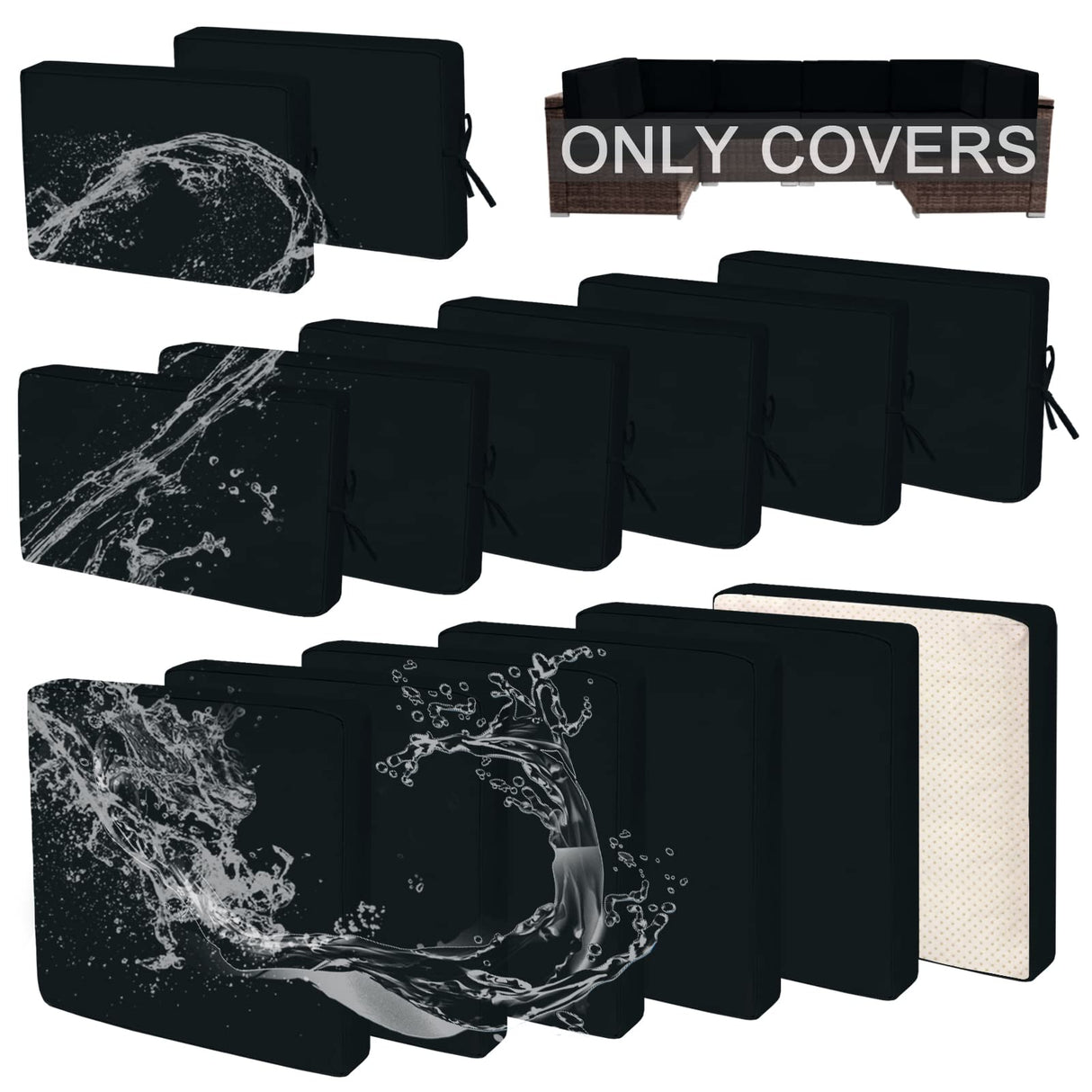 Rkufoze 14 PCs Patio Cushion Covers for 7 PCs Outdoor Furniture Sectional Seating Sets Water Resistant Plus 2 Throw Pillows (Black, 24.8(L)*24.8(W)*3.14(T) inches) Rkufoze