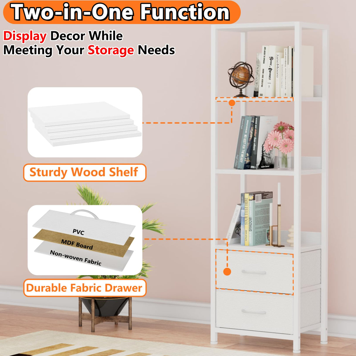 Furnulem 4-Tier Corner Shelf, Bookshelf with 2 Storage Drawers, 57.28”Tall Narrow Bookcase, Standing Shelf Organizer Unit for Living Room, Bedroom, Metal Frame, Wood Display Shelf Furnulem