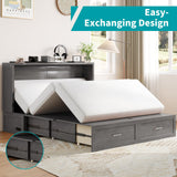 BALUS Murphy Bed Queen Size, Convertible Cabinet Bed with Tri-Fold Mattress and USB Charging Station, Foldable Night Stand Trays, Storage Drawer, Space Saving - Grey BALUS