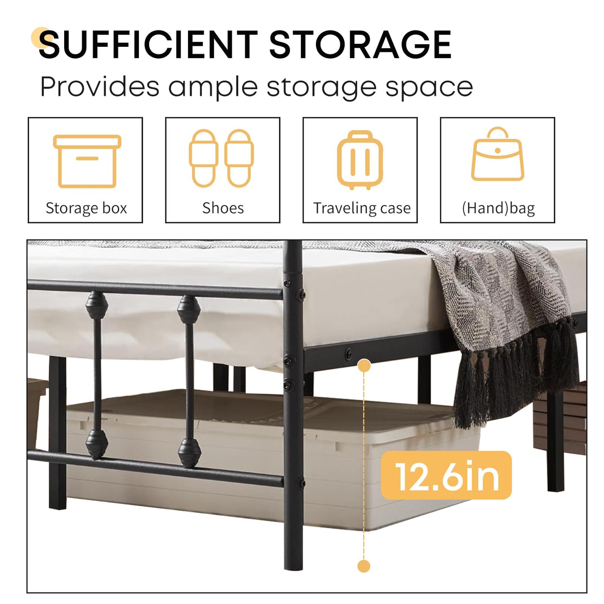 Chuangshuo Guard Full Size Bed Frame-Classic Metal Platform Bed Frame Mattress Foundation with Victorian Style Iron-Art Headboard/Footboard/Storage Space/No Box Spring Needed/Black Chuangshuo Guard