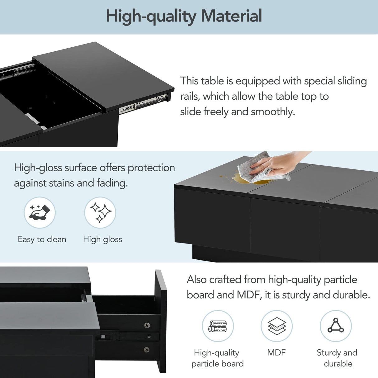Multifunctional Coffee Table with 2 Large Hidden Storage Compartment, Extendable Cocktail Table with 2 Drawers, High-Gloss Center Table with Sliding Top for Living Room, 39.4"x21.6", Black Harper & Bright Designs