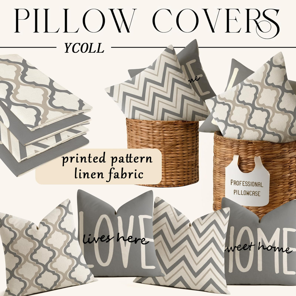 YCOLL Farmhouse Throw Pillow Covers 18x18 Set of 4 Rustic Linen Square Decorative Cushion Covers for Couch Sofa Bedroom Home Decor YCOLL