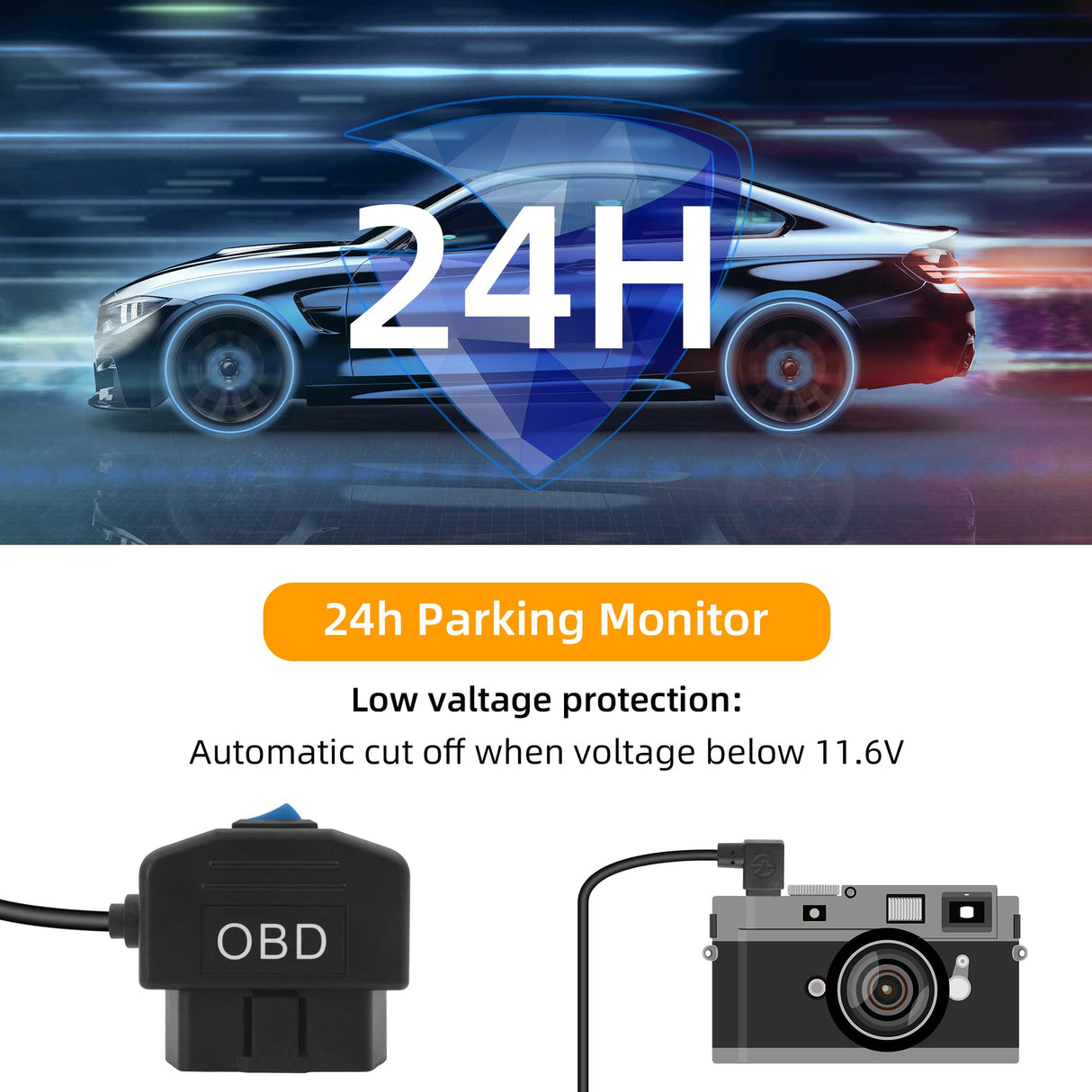 GELRHONR Right Angle OBD Power Cable for Dash Camera, Micro USB OBD2 Dashcam Hardwire Kit with 24 Hours Surveillance and Acc 2 Mode 11.5FT for EV Hybrid Fuel Vehicles(Right Angle Micro Black) GELRHONR