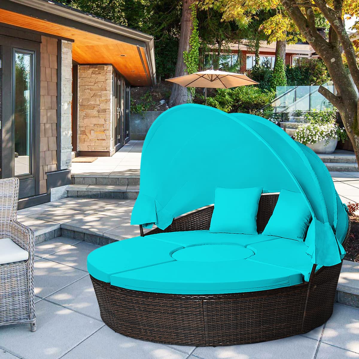 Tangkula Patio Round Daybed with Retractable Canopy, Outdoor Wicker Rattan Furniture Sets, Sectional Cushioned Sofa Set w/Height Adjustable Coffee Table, Rattan Conversation Sets (Turquoise) Tangkula