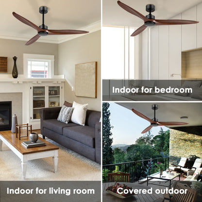 WINGBO 60 Inch DC Ceiling Fan without Lights, 3 Reversible Carved Solid Wood Blades, 6-Speed Noiseless DC Motor, Ceiling Fan No Light with Remote, Matte Black Finish with Walnut Blades