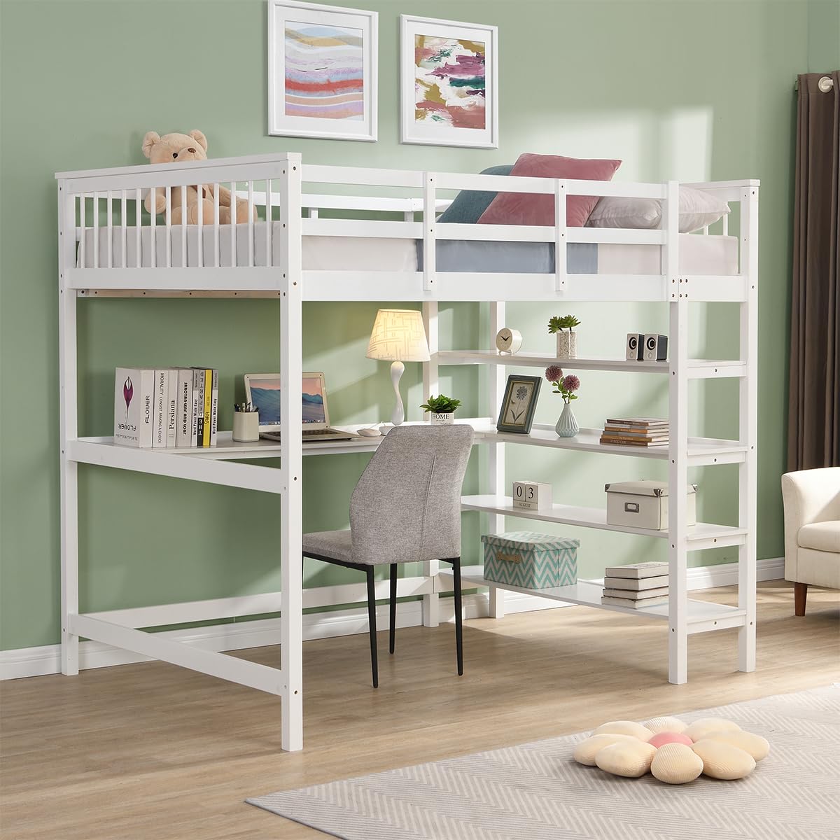 KINFFICT Space-Saving Twin Loft Bed with Integrated Desk and Bookshelves in White KINFFICT