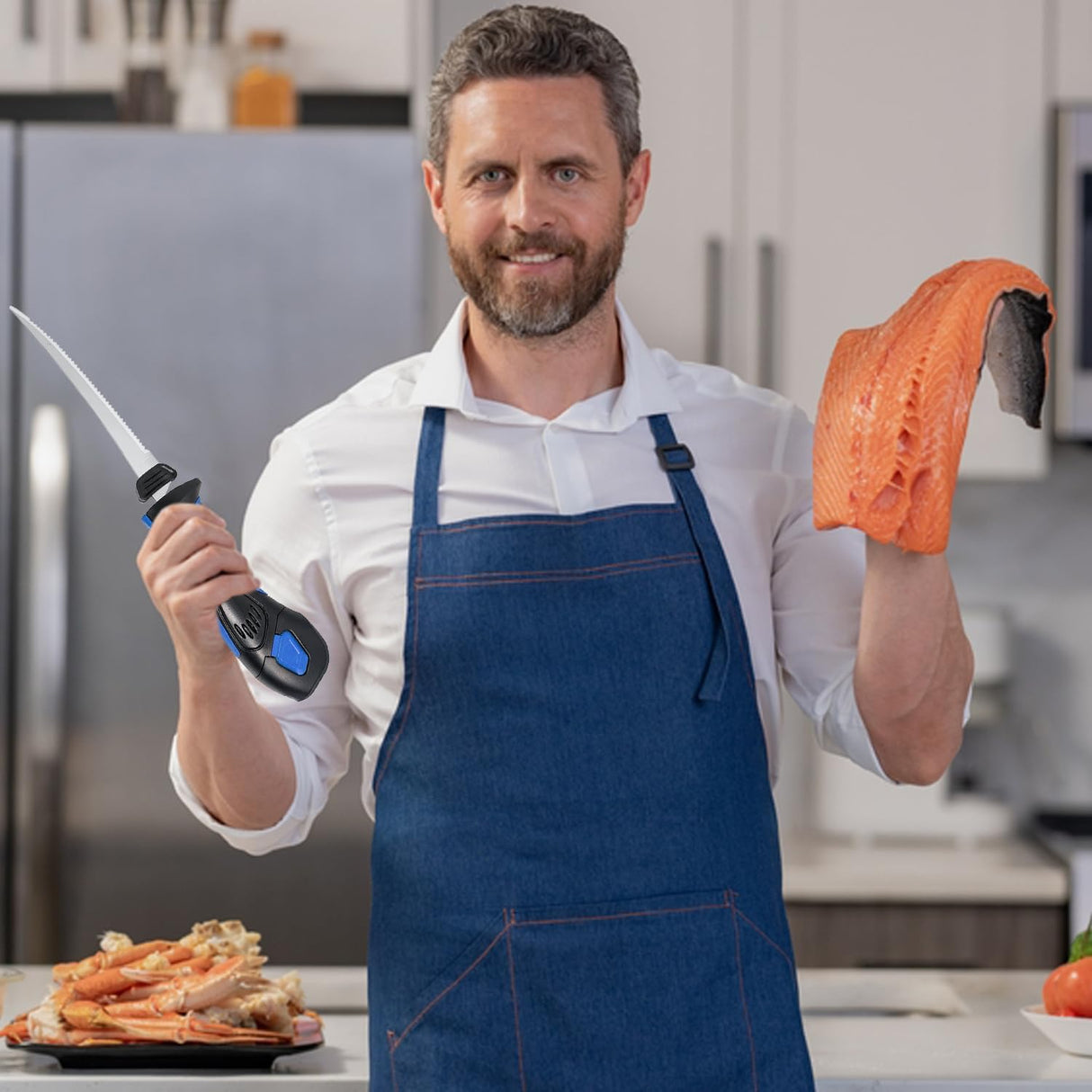 Pratuor Cordless Electric Fillet Knife - 5 Ti-Nitride Coated Non-Stick Blades, Ergonomic Non-Slip Grip Handle & Cooling Vent Stylish with Carry Bag,Perfect Electric Knife for Cutting Board Effortless Fishing (Blue) Pratuor