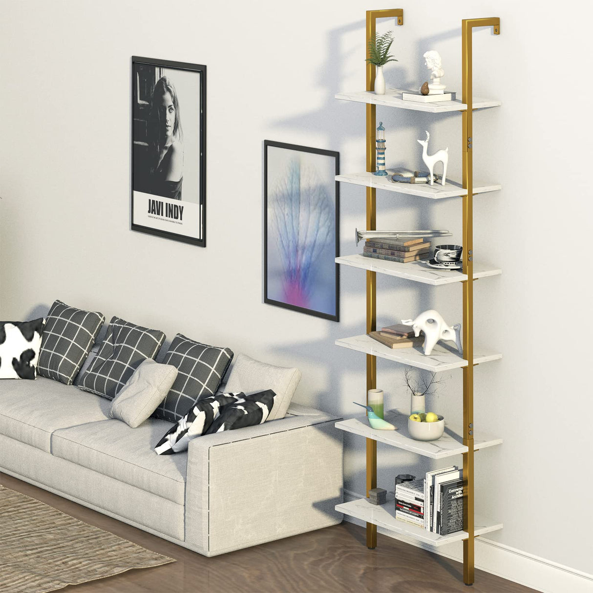 Wolawu Ladder Shelf 6 Tiers Marble White Modern Bookshelf Open Tall Wall Mount Bookcase Standing Leaning Wall Shelves Industrial Decorative Living Room Bed Room Wolawu