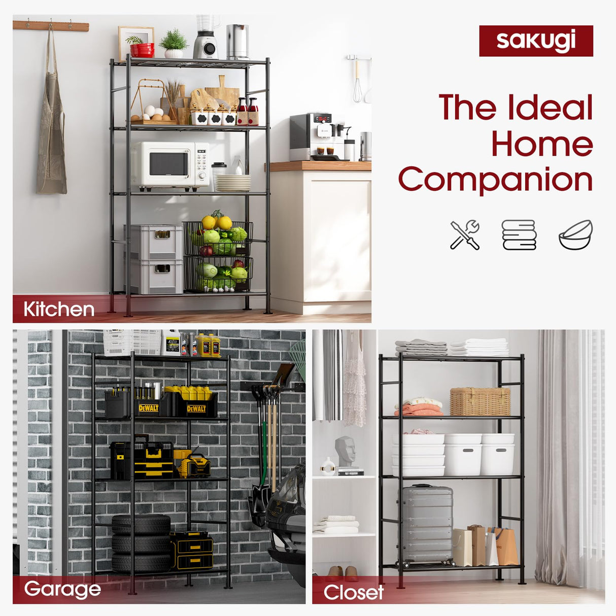 Sakugi Storage Shelves - 4 Tier Shelf Organizer, Heavy Duty Garage Shelving Unit with Leveling Feet, Stable Metal Shelves Organizer for Pantry, Kitchen and Closet, 33.0" W x 12.6" D x 57.2" H, Black Sakugi