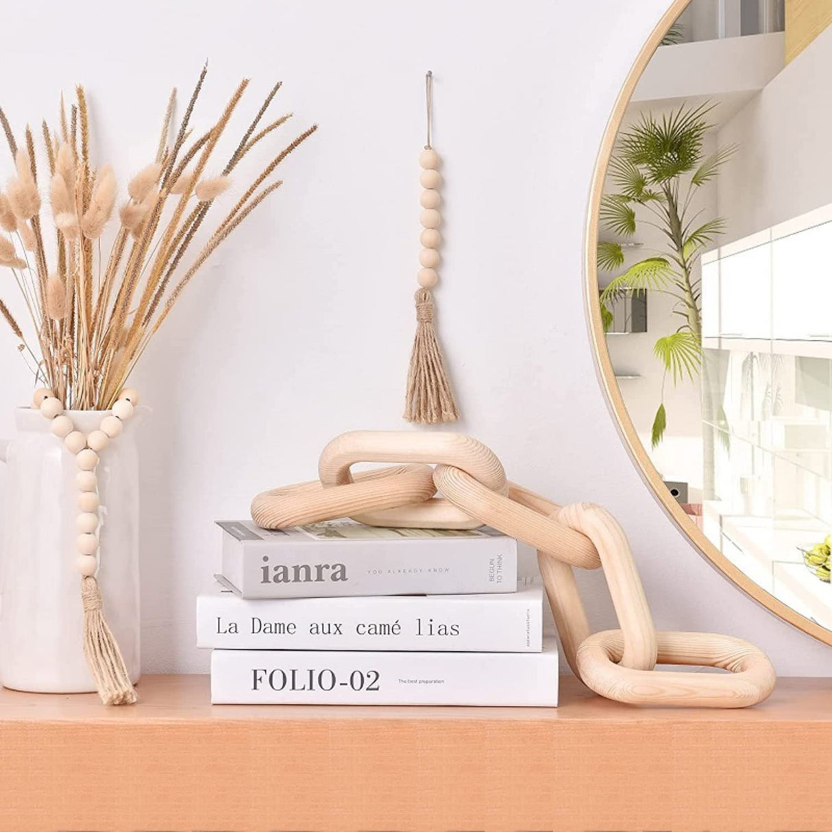 QUEENSDOWN Wood Chain Decor, 5 Link Hanging Ornament for Home, Sustainable Pine Wood, Modern Boho Farmhouse Decor, Rustic Country, Valentine's Day QUEENSDOWN