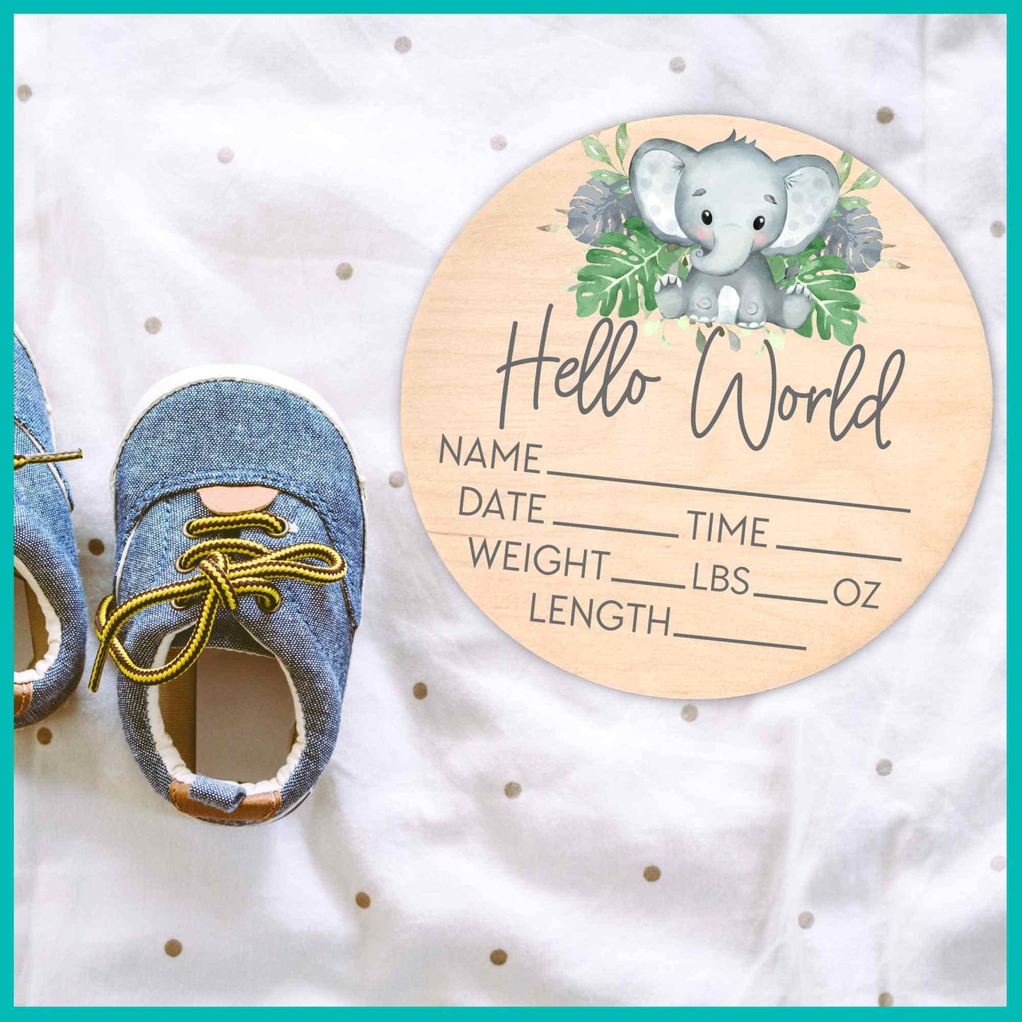 Birth Stat Sign for Newborn - Baby Name Announcement - Hello World Elephant Hospital Photography Prop - Jungle Safari - WoodArtSupply