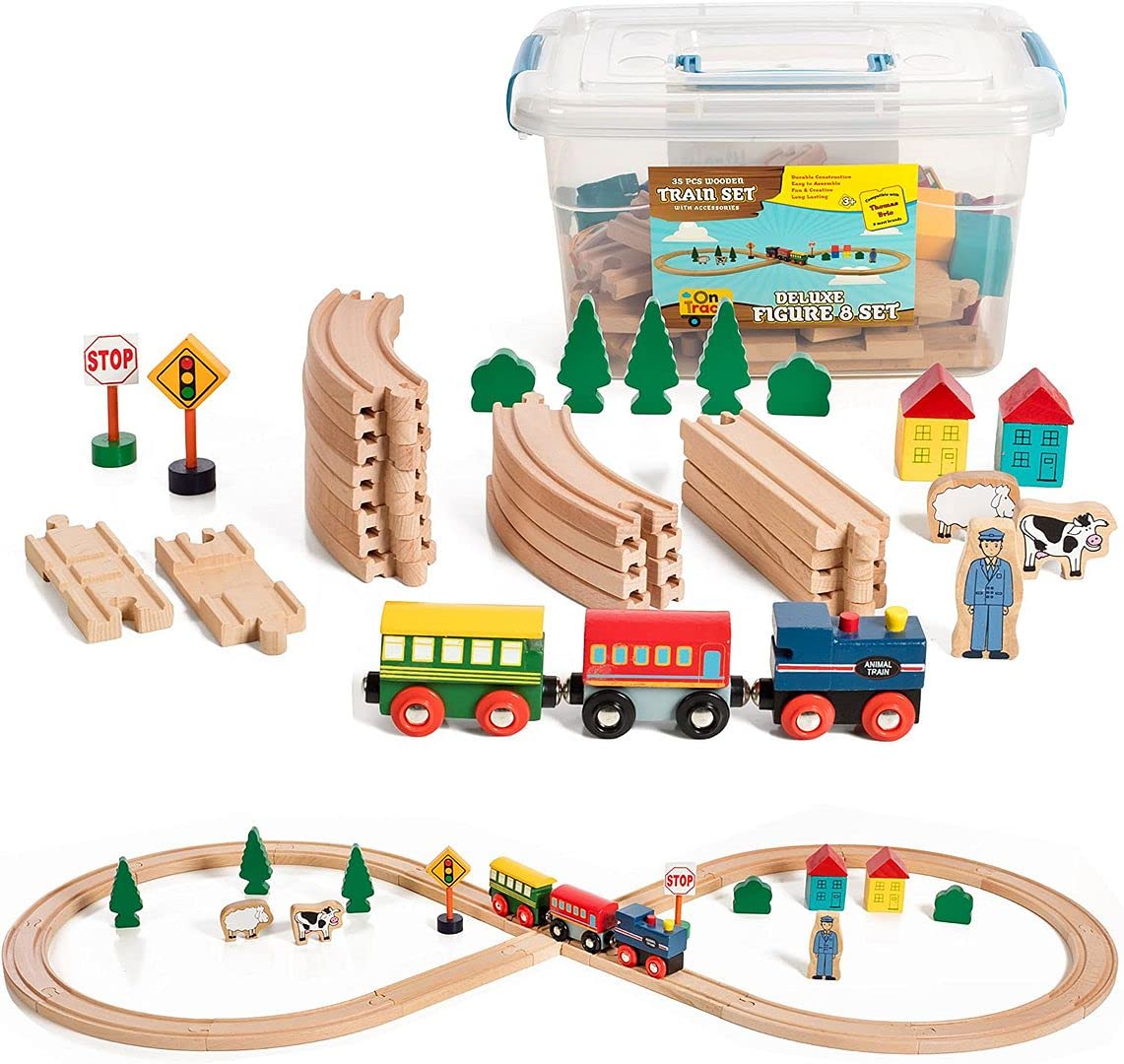 On Track USA Wooden Train Set 35 Piece All in One Wooden Toy Train Tracks Set with Magnetic Trains and Railway Accessories, Comes in A Clear