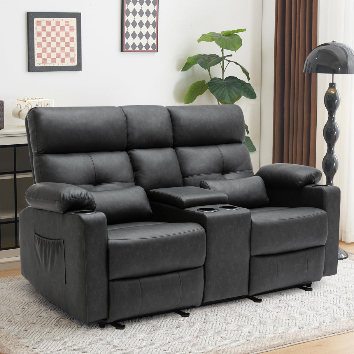 PALLOME Power Loveseat Recliner Sofa with Console, Loveseat Reclining Sofa with Heat & Massage, Home Theater Seating with Lumbar Pillow for Living Room, RV Recliner Loveseat (PU, Dark Gray) PALLOME