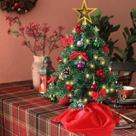 Juegoal 24 Inch Mini Christmas Tree Set, Table Top Artificial Christmas Trees with 50 LED Lights, Ornaments and Red Berries, Best DIY Christmas Decorations Juegoal
