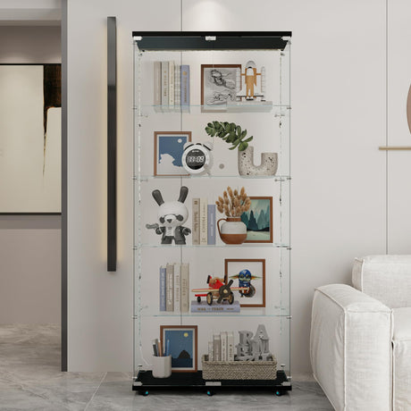 5-Shelf Glass Display Cabinet with Lights Strip & Lock Door,Curio Cabinets Collectibles Display Case,Tempered Glass Freestanding Bookshelf for Living Room Bedroom Office, 76 x 30.9 x 13.5 in,Black TehRecBT