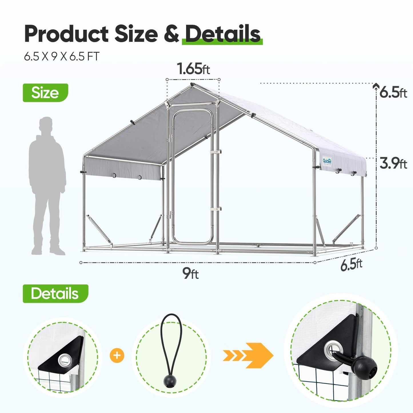 Quictent Large Metal Chicken Coop Run for 10+ Poultry with Galvanized Hardware Cloth and Waterproof Roof Cover, Outdoor Walk-in Cage Peak Hen House for Yard Farm, 6.6x9x6.6FT