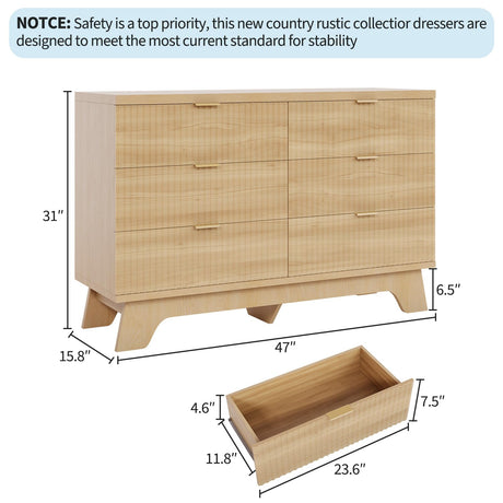 Garvee 6 Drawer Dresser for Bedroom, 47" Wide Mid Century Modern Dresser with Gold Handle, Fluted Dressers Chest of Drawers, TV Stand,Storage Organizer for Living Room,Hallway,Entryway,Oak Garvee