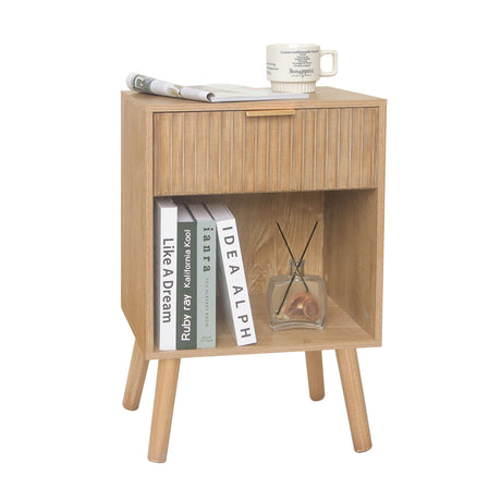 Fultyle Night Stand with Drawer, Mid Century Nightstand with Storage, Modern Fluted Bedside Table Bedroom Living Room for Small Space, Office (Rustic Walnut) Fultyle