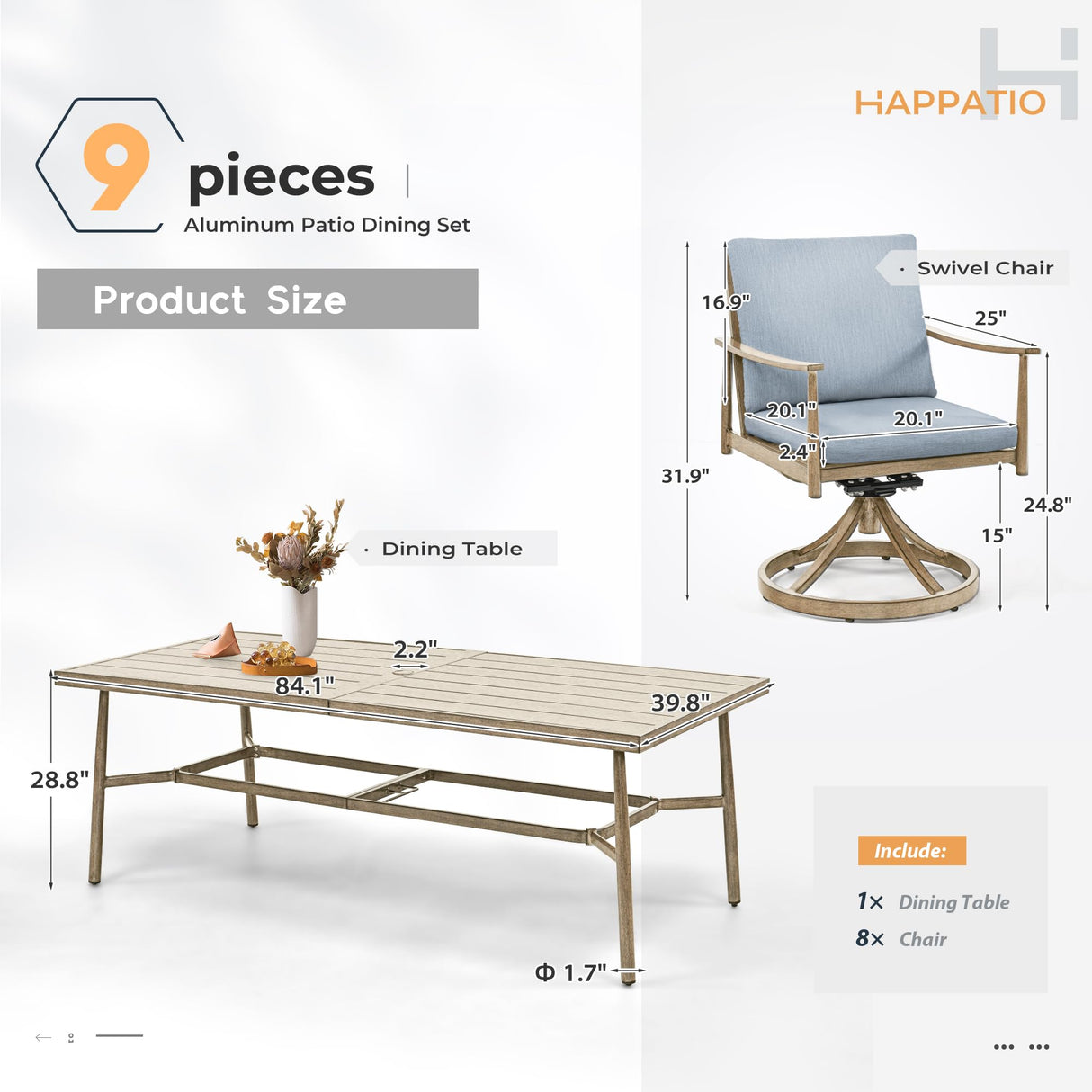 HAPPATIO 9-Piece Patio Dining Set for 8, Aluminum Outdoor Dining Set with Cushions, 8 Swivel Dining Chairs, 1 Large Rectangular Table with Umbrella Hole for Lawn, Porch, Backyard, Brown HAPPATIO
