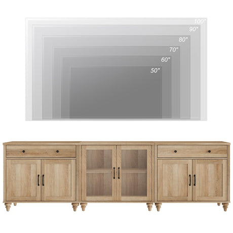 WAMPAT Farmhouse TV Stand for 100 Inch TV, 3-in-1 TV Console Table for 75/80/85/90 Inch TV, Entertainment Center with Glass & Wood Door, Kitchen Sideboard Buffet Cabinet for Dining Room, Oak WAMPAT