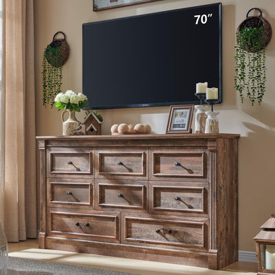 Aitjunz 8 Drawers Dresser for Bedroom, Farmhouse 61" Wide Dressers & Chests of Drawers w/Roman Column, Large Storage Dressers Organizer w/Two Different Drawer Sizes for Bedroom,Living Room,Light Brown