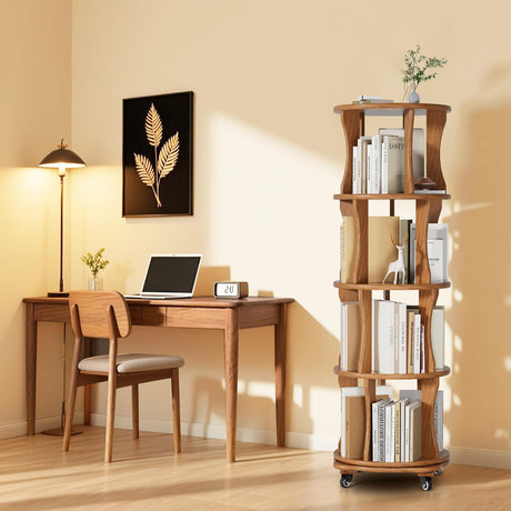 6 Tier Solid Wood Rotating Bookshelf with Wheels, Round Revolving Bookcase Organizer, 360° Spinning Storage Shelf for Corner, Small Narrow Spaces, Home, Office, BedRoom,Living Room,Study Room Drogenble