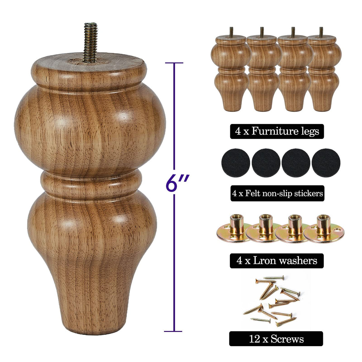 Wood Furniture Legs Sofa Legs Pack of 4,Round Couch Legs Espresso Mid Century Desk Legs,Sofa Replacement Parts,for Dresser Legs Sideboard Recliner Couch Circle Chair Couch Riser (6inch, wood color) MAOHAM