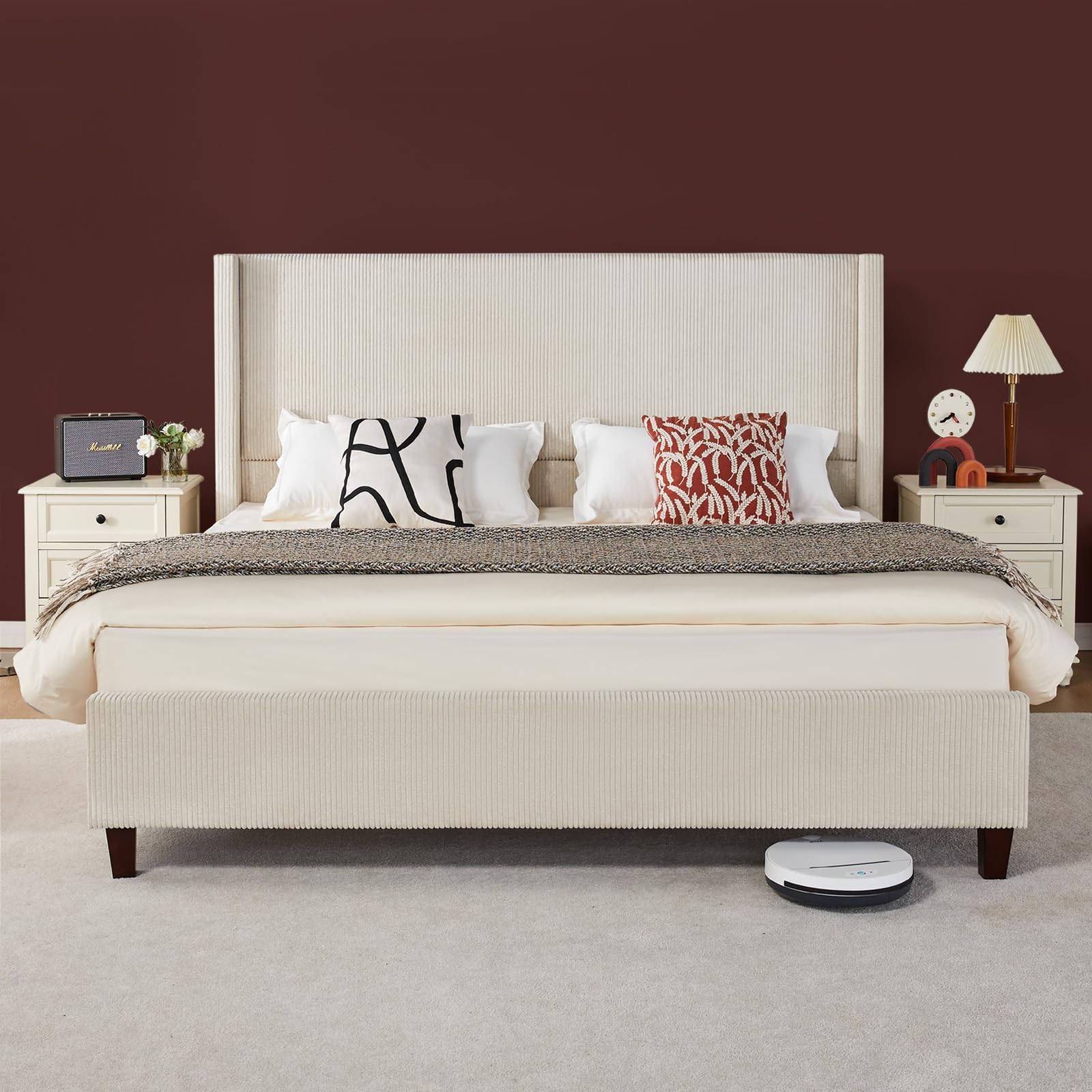 VanAcc King Size Modern Beige Upholstered Platform Bed Frame with Wingback and Tufted Headboard - WoodArtSupply