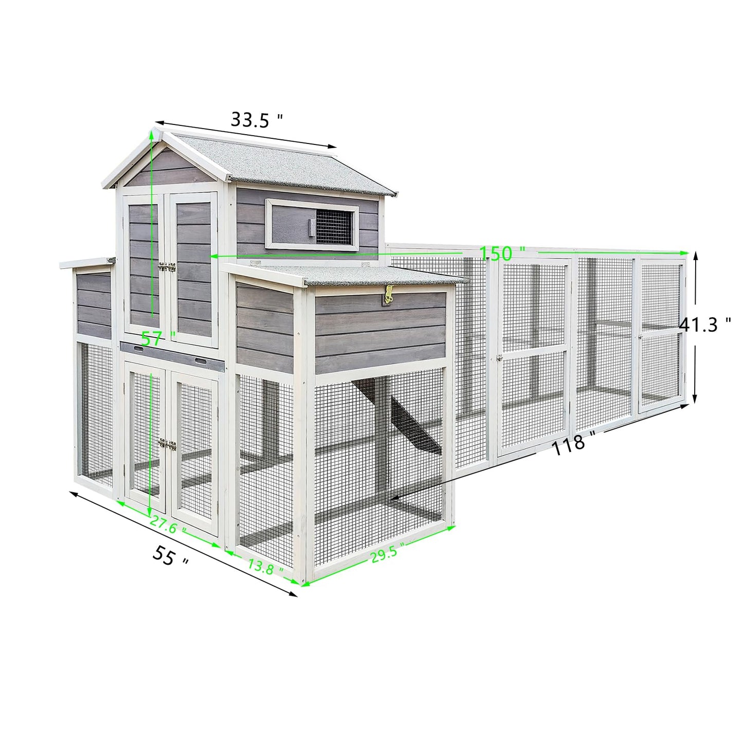 YOPTO 150" Chicken Coop with Two Nesting Boxes and Sliding Door,Outdoor Wooden Extra Large Hen House w/Built-in Slide-Out Tray,Rust-Proof Metal Wire Poultry Cage,5 Perches,Gray