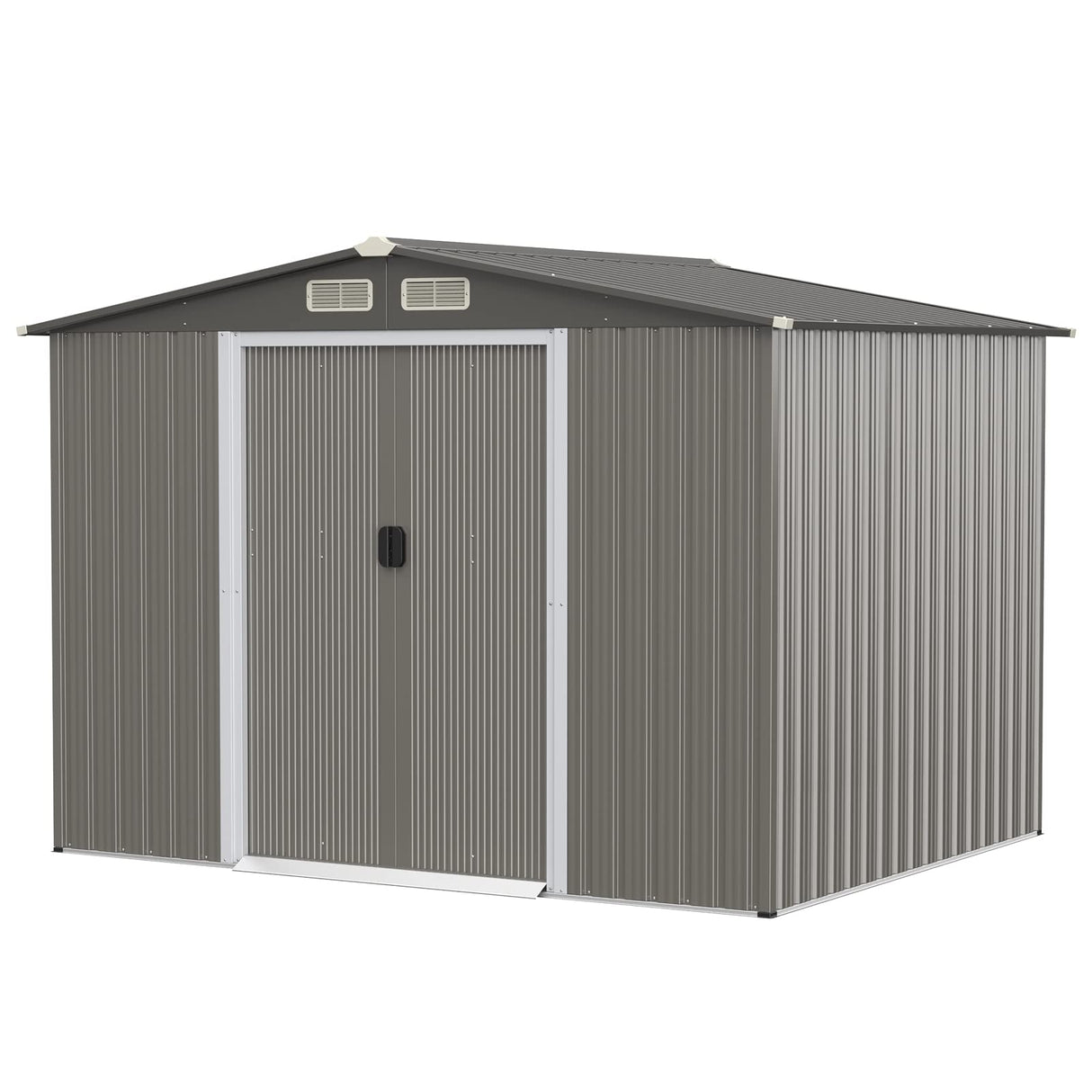 Goplus Outdoor Storage Shed, 8.5’ x 6.8’ x 6’ Weather-Resistant Utility Tool Organizer w/Foundation, 4 Louvers, Double Doors & Ramp, Galvanized Steel Tool Shed for Garden, Lawn, Yard Goplus