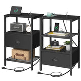 sthmec Nightstands Set of 2, Black Night Stands with Charging Station, Bedside Tables with Fabric Drawers PU Finish, 2-Tier Side Table with Open Shelf, Nightstands with Drawer,Black sthmec