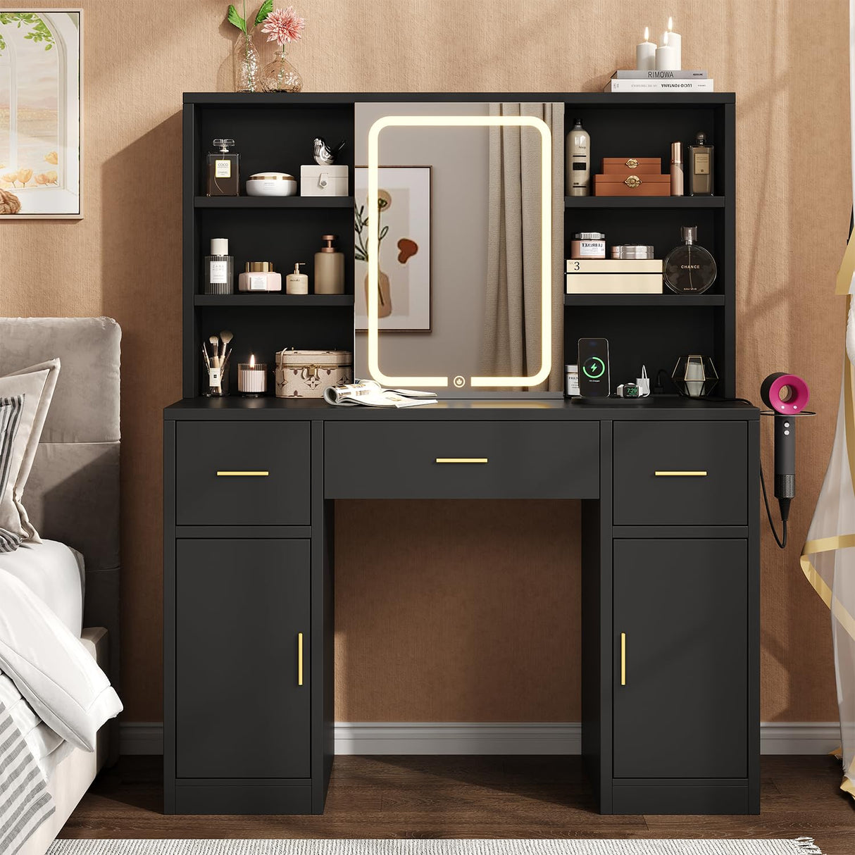 knoworld Vanity Desk with Sliding Mirror & LED Lights, Smart Makeup Table with Charging Station, Hairdryer Holder, 7 Shelves, 3 Drawers, 2 Cabinets, Vanity with Extra Hidden Stroage for Bedroom,Black knoworld