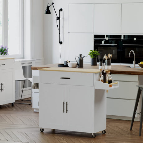 IRONCK White Rolling Kitchen Island with Drop Leaf, Storage Cabinet, and Spice Rack IRONCK
