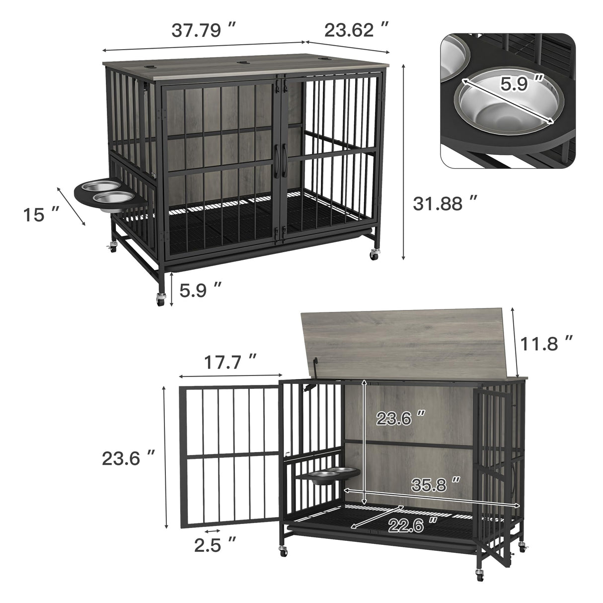 Dog Crate Furniture, Modern Dog Crate Table for Medium Large Dogs, Wooden Dog Kennel Indoor End Table with Removable Tray, Double-Door Dog House with Wheels, Heavy Duty Dog Cage with Flip-Top (Grey) VERYKE