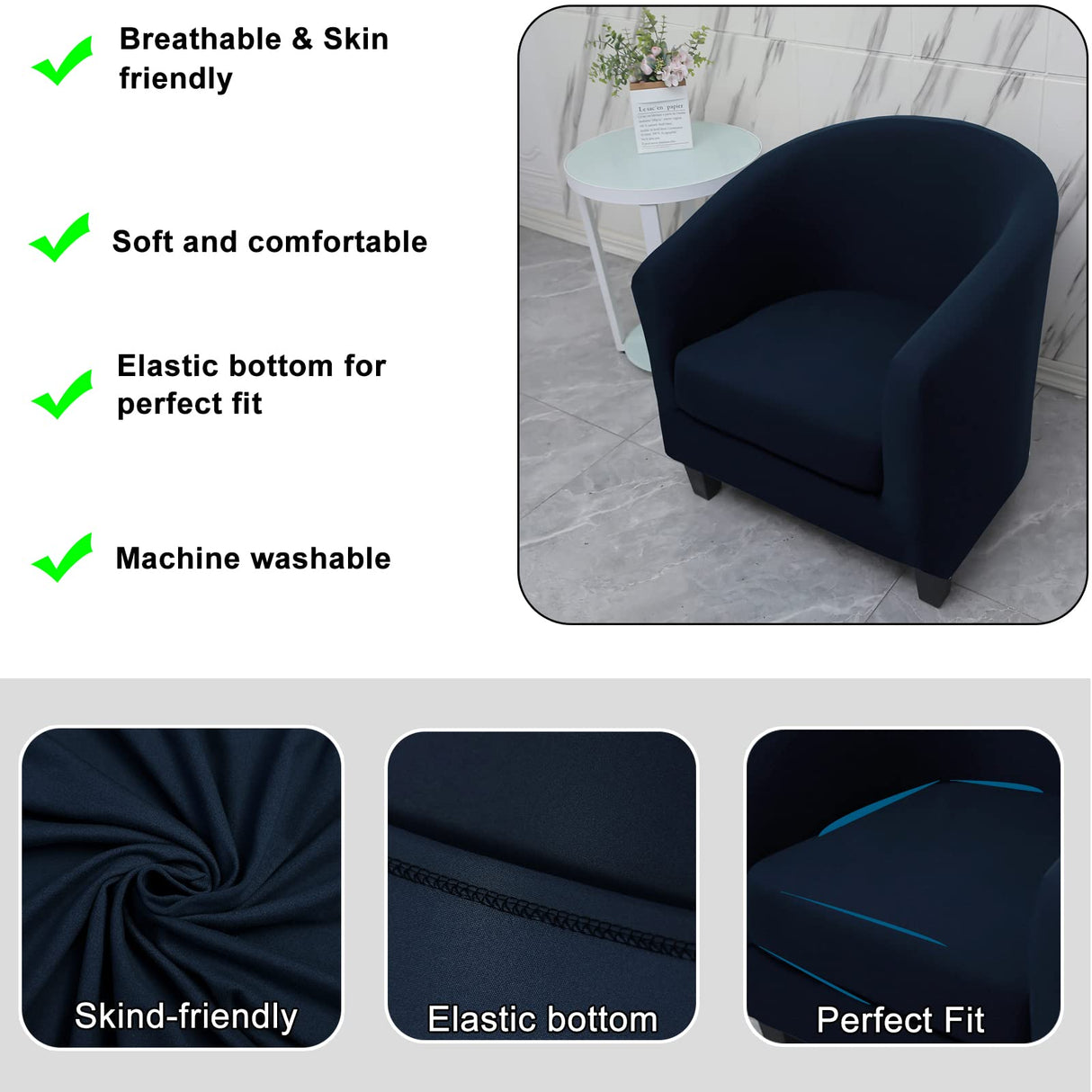 WOMACO 2 Pieces Club Chair Slipcover Printed Stretch Armchair Tub Round Barrel Swivel Chair Covers withc Cushion Cover Elastic Bottom Sofa Furniture Protector for Tullsta (1, Navy) WOMACO