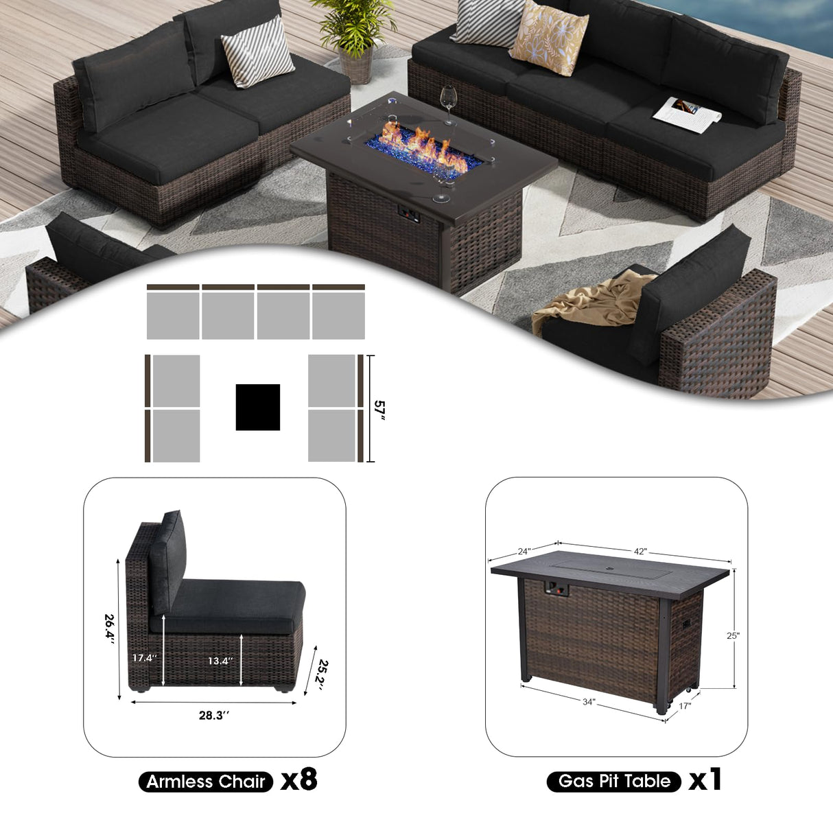 GREZJXC 9 Pieces Outdoor Sectional Patio Furniture Set with Fire Pit Table PE Rattan Wicker Patio Sectional Armless Conversation Set with Cushions Black GREZJXC