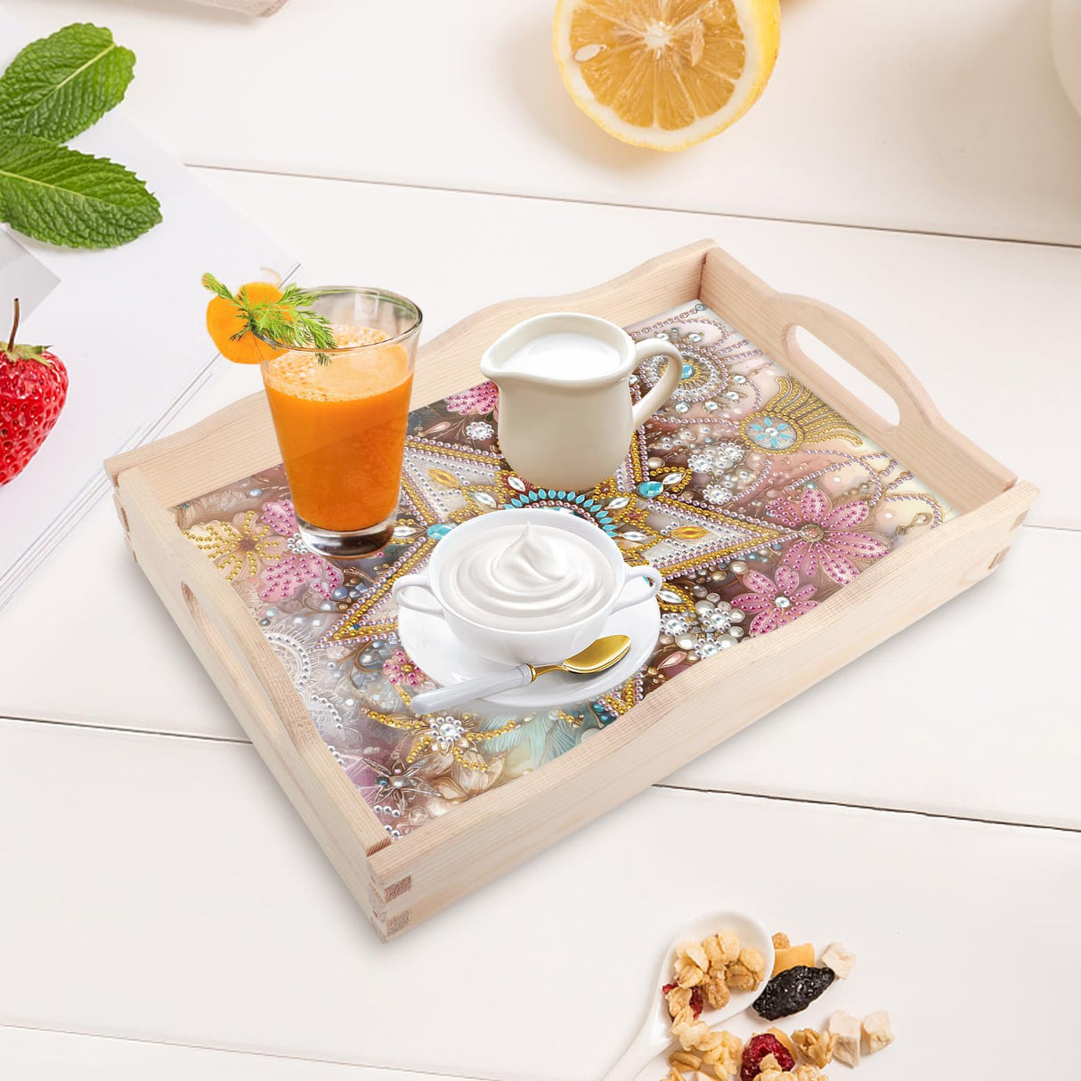DIY Diamond Art Tray with Handle Diamond Art Painting Plate Creative Design Handmade Wooden Tray Mosaic Making Kits by Number Kits Diamond Art for Coffee Living Room Home Organizer (Five-Pointed Star) AiYuanzsh
