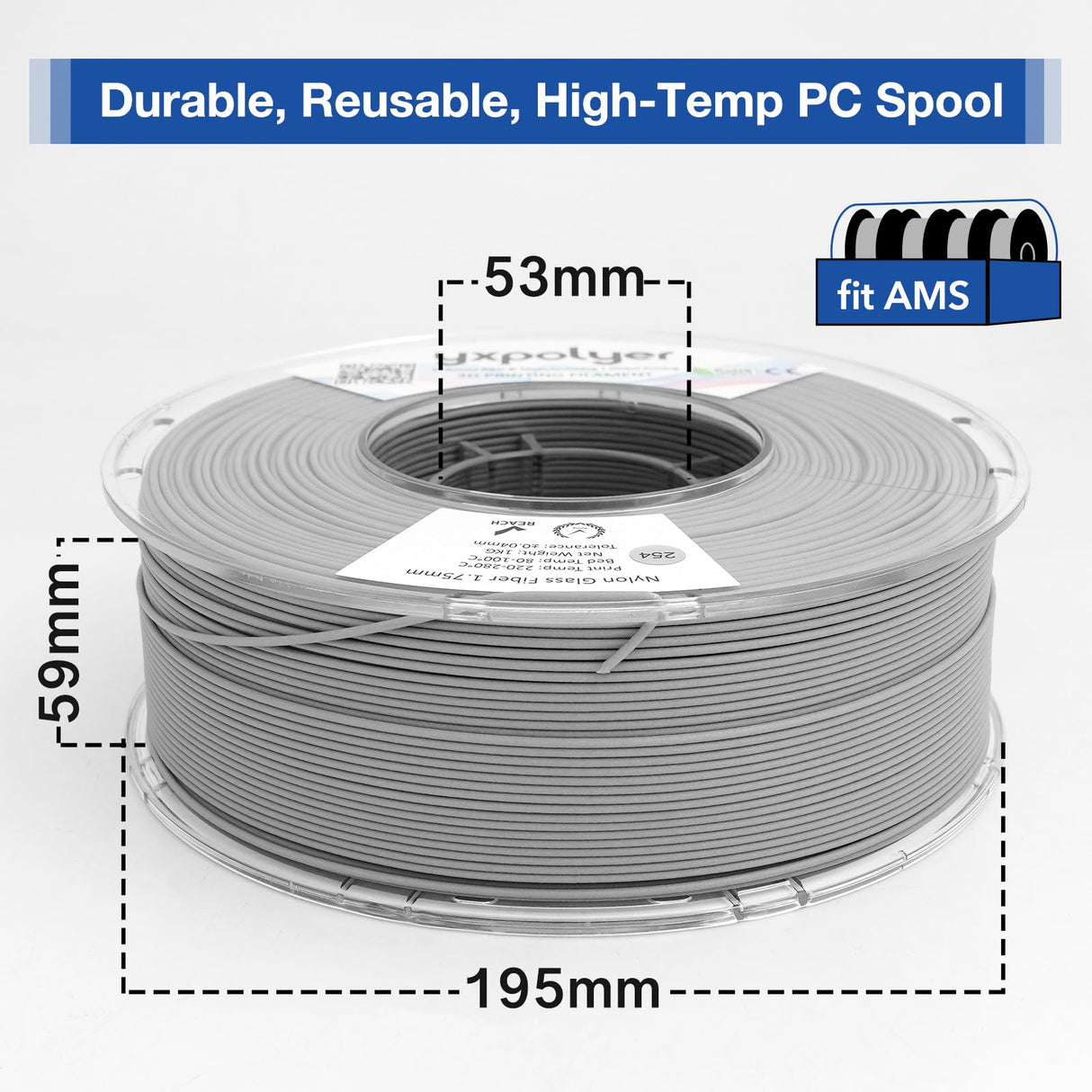 Nylon Glass Filled Filament Grey Nylon Glass Fiber 1.75mm PA GF 3D Printer Filament PA6-GF 1kg with Reusable PC Spool yxpolyer