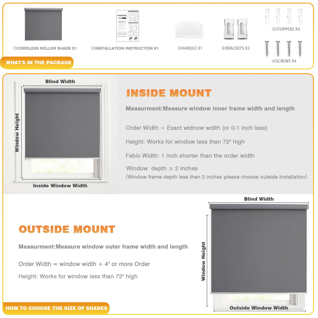 Blackout Roller Shades for Windows, Cordless Free-Stop Blinds with Thermal Insulated,UV Protection Fabric. Pull Down Room Darkening Door Blinds for Home, Office Easy to Install(23" W x 72" H,Grey) BWEROCIQ
