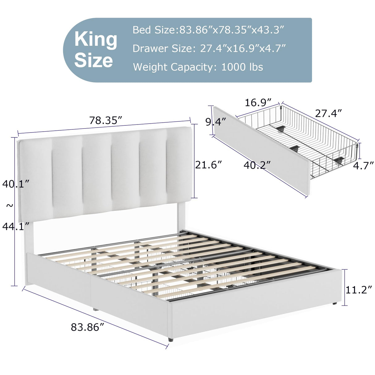 VECELO King Size Bed Frame with 4 Storage Drawers, Adjustable Height Headboard, Heavy-Duty Platform Bedframe with Strong Wooden Slats, No Box Spring Needed, Pure White VECELO