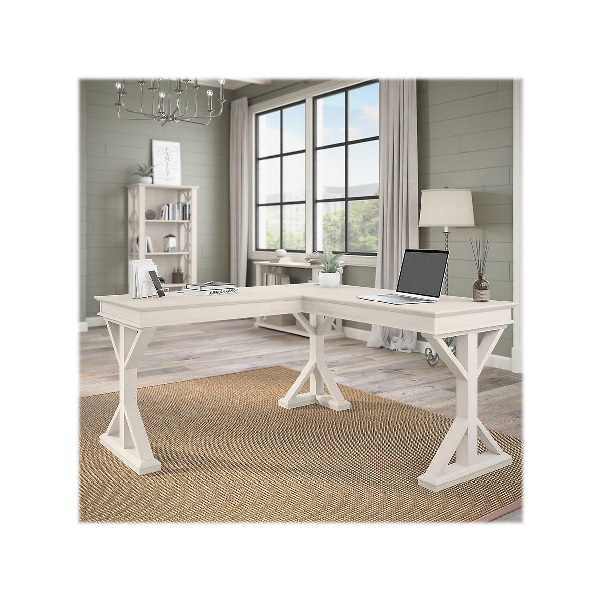 Bush Furniture Homestead Farmhouse L Shaped Desk, 60W, Linen White Oak Bush Business Furniture