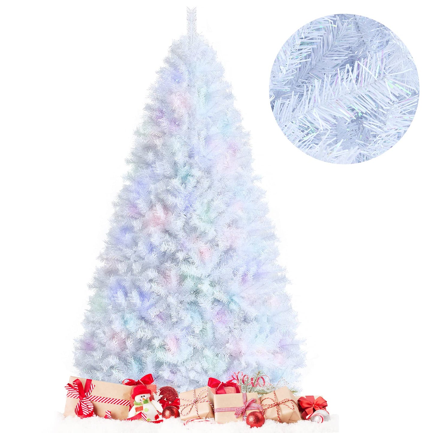 Goplus 8ft White Artificial Christmas Tree, Hinged Unlit Full Xmas Pine Tree w/1636 Iridescent Branch Tips & Metal Stand, Quick Set-Up, for Indoor Home Office Holiday Decoration