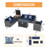 Super Patio 8 Pieces Outdoor Patio Furniture Set with 45” Fire Pit Table, Rattan Patio Conversation Sets with 50000 BTU Gas Fire Pit, Sectional Sofa Set with Storage Box, Navy Blue (Without Table) Super Patio