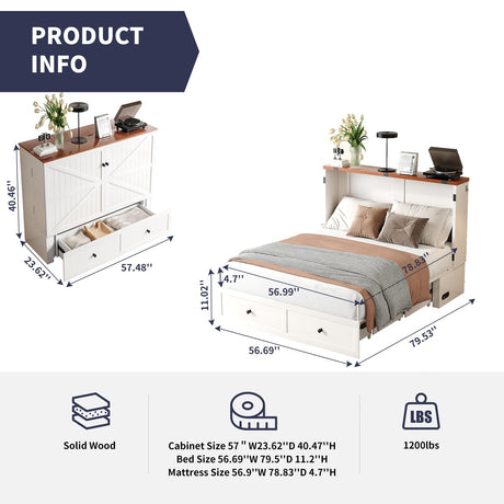 ZAFLY Murphy Bed Full Size, Cabinet Bed with Tri-Folding Mattress & USB Charging Station & Storage Drawers, Modern Multifunctional Cabinet Murphy Beds, Saving Spaces Hidden Guest Beds - White ZAFLY