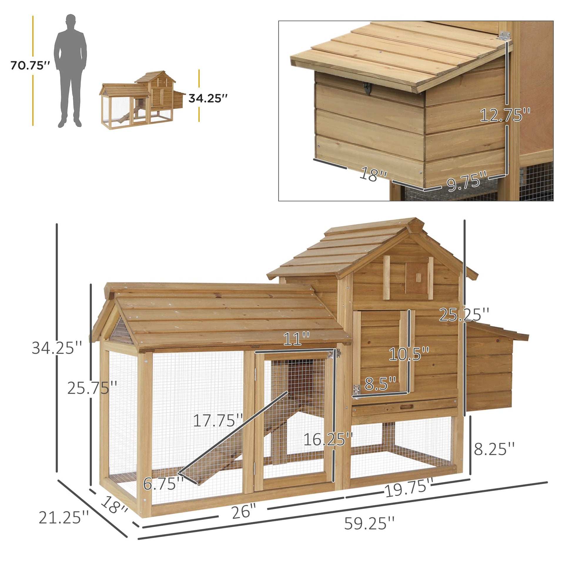 PawHut 59" Small Wooden Chicken coop Hen House Poultry Cage for Outdoor Backyard with 2 Doors, Nesting Box and Removable Tray, Natural Wood - WoodArtSupply