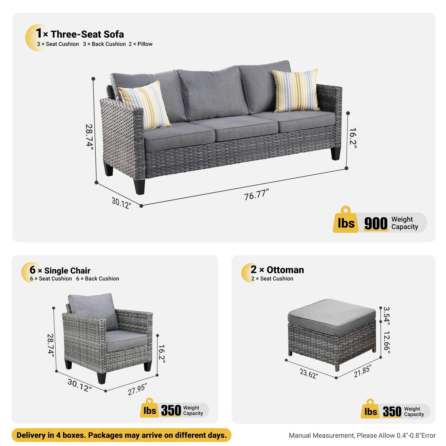 ovios Patio Furniture Set, 9 Pieces Outdoor Wicker Rattan Sofa Couch with 6 Chairs, Ottomans and Comfy Cushions, All Weather High Back Conversation Set Garden Backyard, Dark Grey - WoodArtSupply