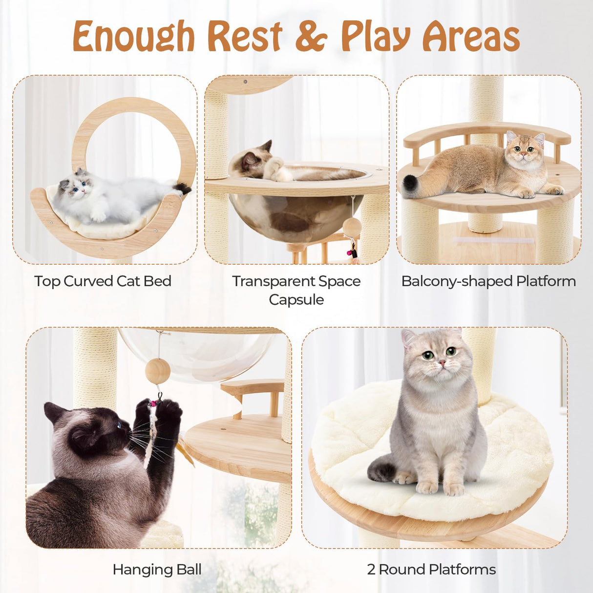 PETSITE 57 Inches Tall Wooden Cat Tree, Multi-Level Cat Tower with Scratching Posts, Space Capsule Bed, Padded Platform and Hanging Ball, Modern Transformable Cat Tree Tower for Indoor Cats Large PETSITE