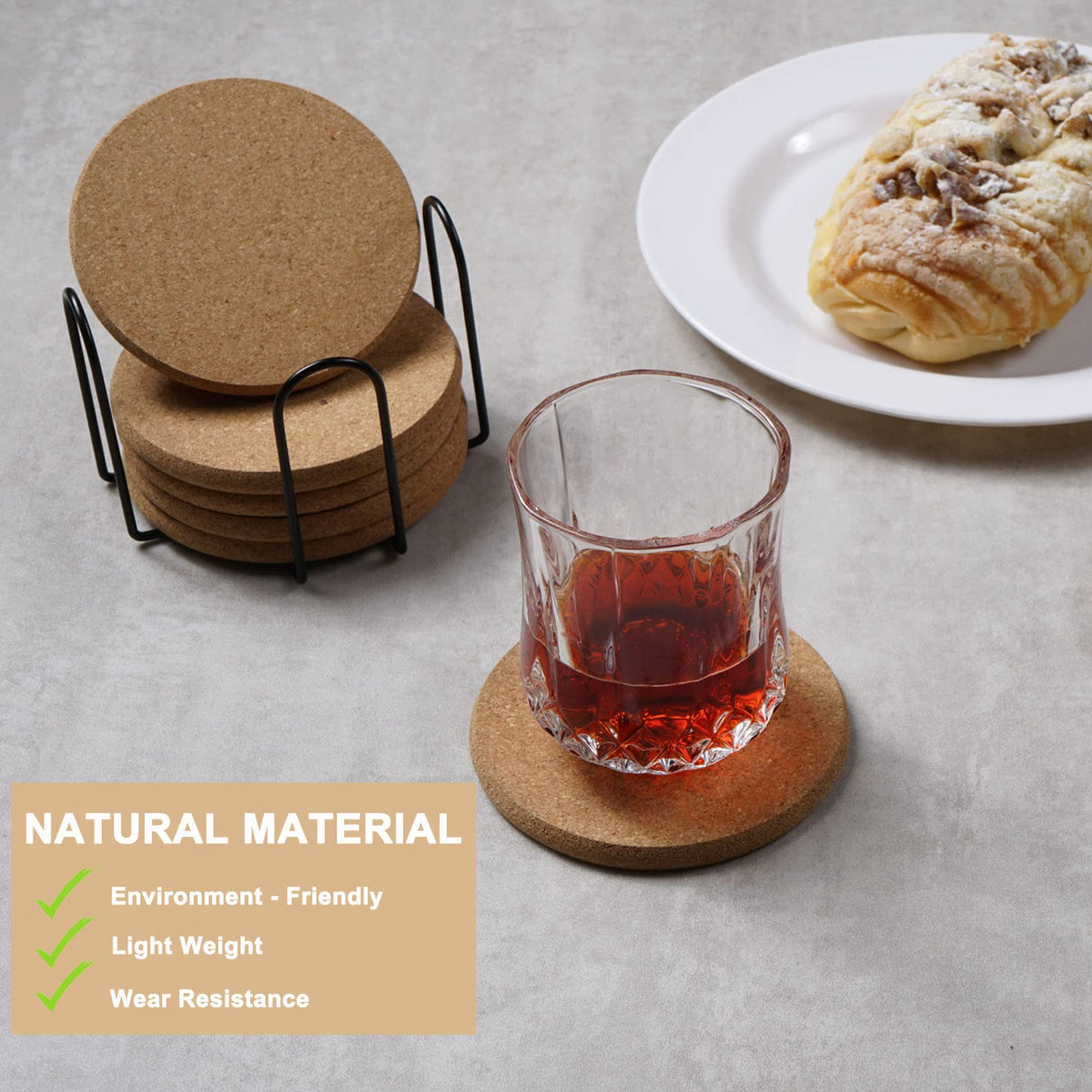 8 Pcs Drink Coasters with Holder, Thicker Cork Coasters for Drinks Absorbent for Coffee Table Wooden Coaster Set Tabletop Protection Cup Mat Bar Kitchen Living Room House Home Decor Housewarming Gift Adorever