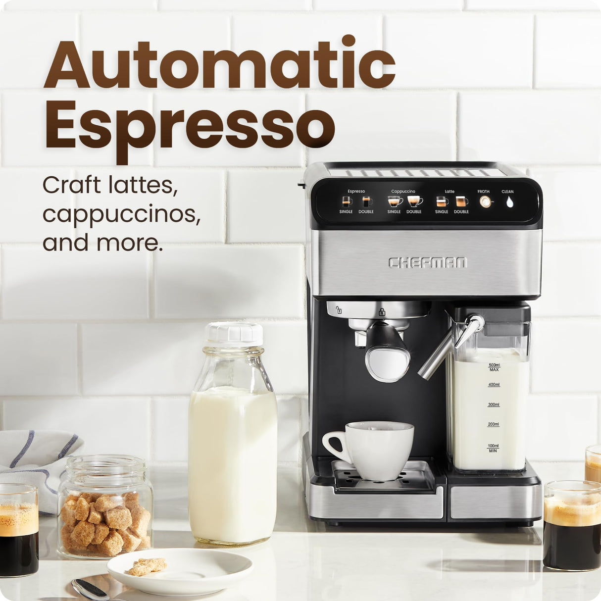 Chefman CaféMaster Pro Espresso Machine, Brew Single or Double Shots, Coffee Maker with Built-In Milk Frother for Cappuccino & Latte, XL 1.8 Liter Removable Water Reservoir - Stainless Steel Chefman