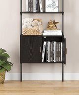 Gadroad 73" Tall Bookshelf with Cabinet, Wall Mounted Industrial Ladder Bookcase with Wood and Metal Frame, 5 Tier Plant Shelf Display Storage Shelves for Living Room Bedroom, Black Gadroad